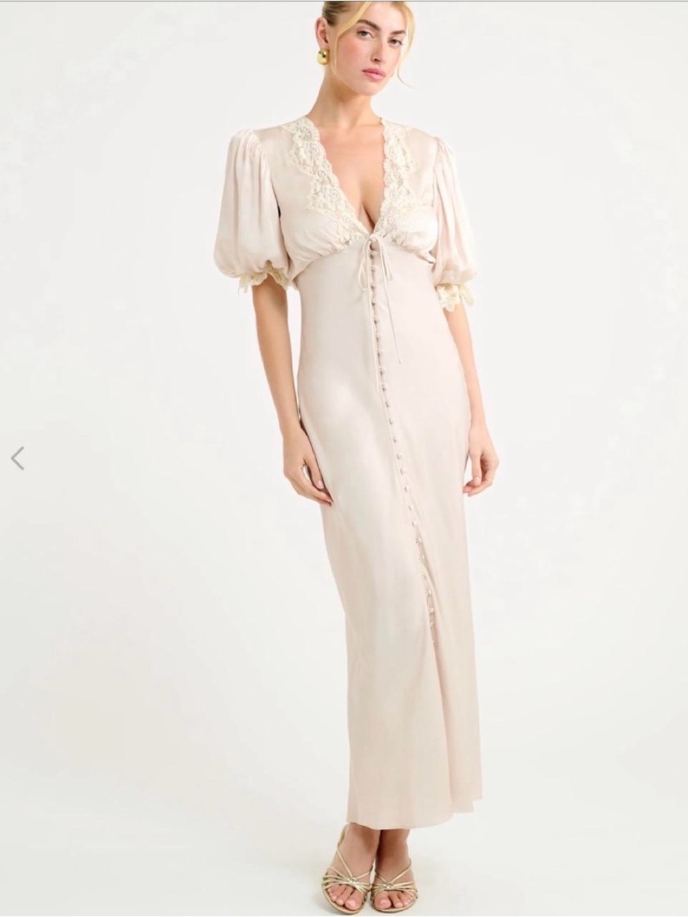 Rumored Lace-Trim Puff Sleeve Maxi Dress in Blush